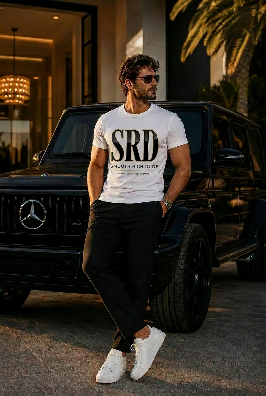 Editorial portrait — man in white Smooth Rich Dude tee beside a black Mercedes G-Wagon